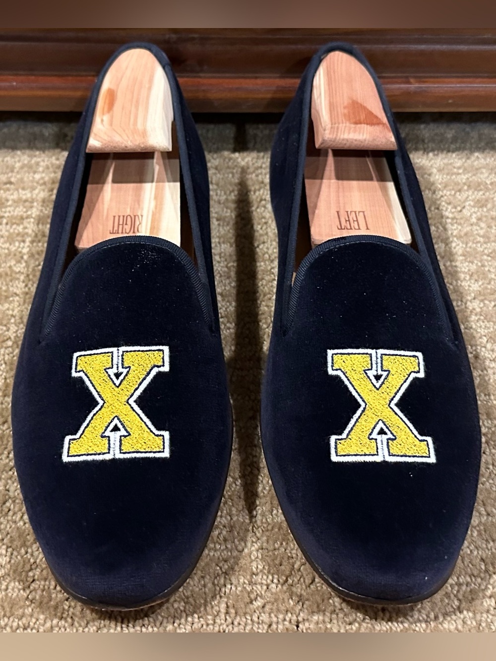 Stubbs & Wootton Navy Velvet Loafers Yellow 'X' Patch 10.5